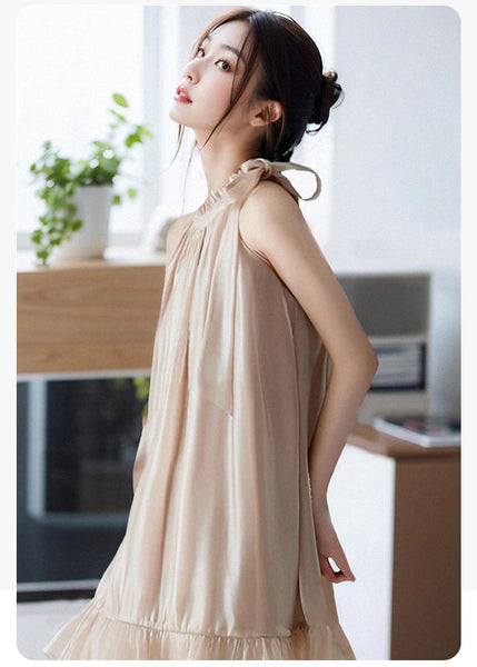 Luxury Temperament Off Shoulder Ruffled Halterneck Flared Embellished Round Neck Loose Fit Mid-length Dress