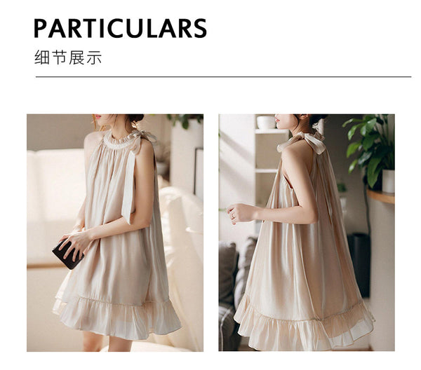 Luxury Temperament Off Shoulder Ruffled Halterneck Flared Embellished Round Neck Loose Fit Mid-length Dress