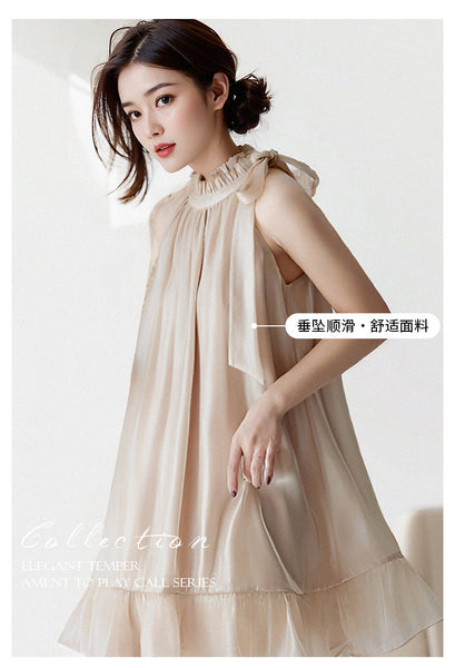Luxury Temperament Off Shoulder Ruffled Halterneck Flared Embellished Round Neck Loose Fit Mid-length Dress