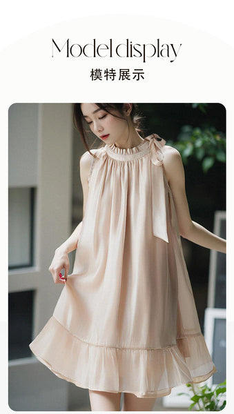 Luxury Temperament Off Shoulder Ruffled Halterneck Flared Embellished Round Neck Loose Fit Mid-length Dress