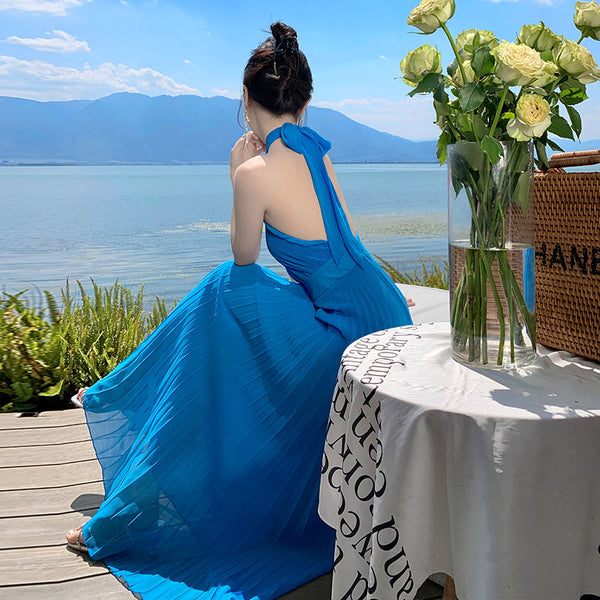 French Sexy Elegant Temperament Off Shoulder Backless Robe Halter Hollow Back Neck Pleated Dress Cutout Maxi Sundress
