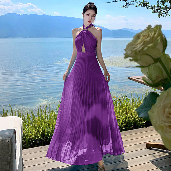 French Sexy Elegant Temperament Off Shoulder Backless Robe Halter Hollow Back Neck Pleated Dress Cutout Maxi Sundress