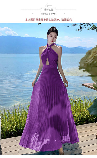 French Sexy Elegant Temperament Off Shoulder Backless Robe Halter Hollow Back Neck Pleated Dress Cutout Maxi Sundress