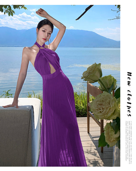 French Sexy Elegant Temperament Off Shoulder Backless Robe Halter Hollow Back Neck Pleated Dress Cutout Maxi Sundress