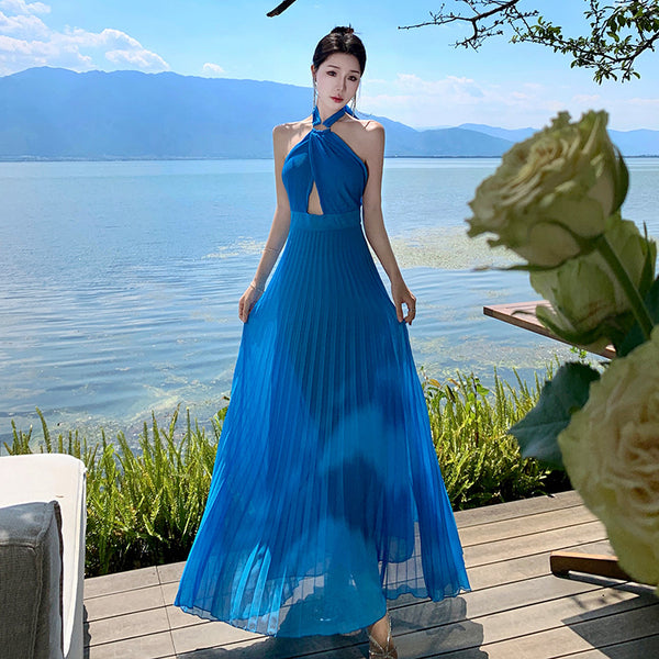 French Sexy Elegant Temperament Off Shoulder Backless Robe Halter Hollow Back Neck Pleated Dress Cutout Maxi Sundress