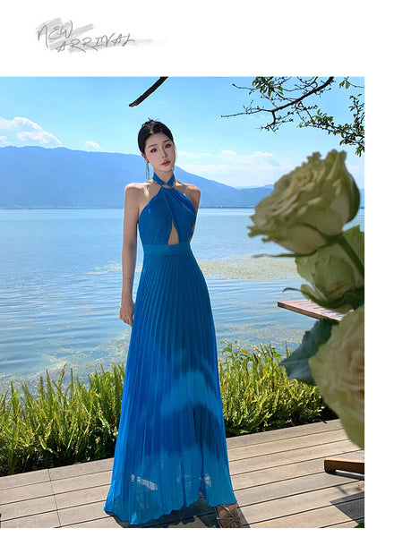 French Sexy Elegant Temperament Off Shoulder Backless Robe Halter Hollow Back Neck Pleated Dress Cutout Maxi Sundress