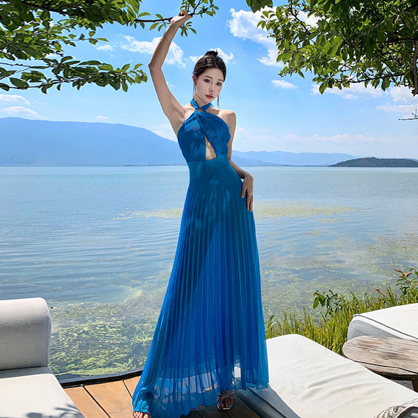 French Sexy Elegant Temperament Off Shoulder Backless Robe Halter Hollow Back Neck Pleated Dress Cutout Maxi Sundress
