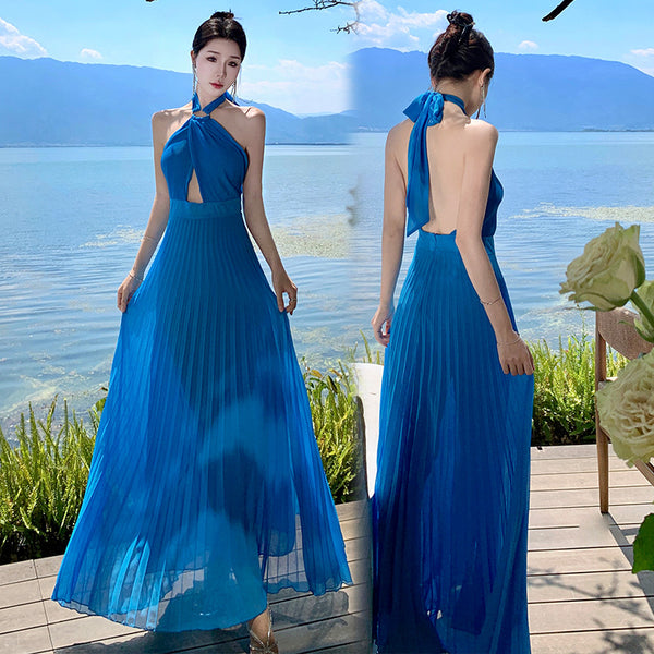 French Sexy Elegant Temperament Off Shoulder Backless Robe Halter Hollow Back Neck Pleated Dress Cutout Maxi Sundress