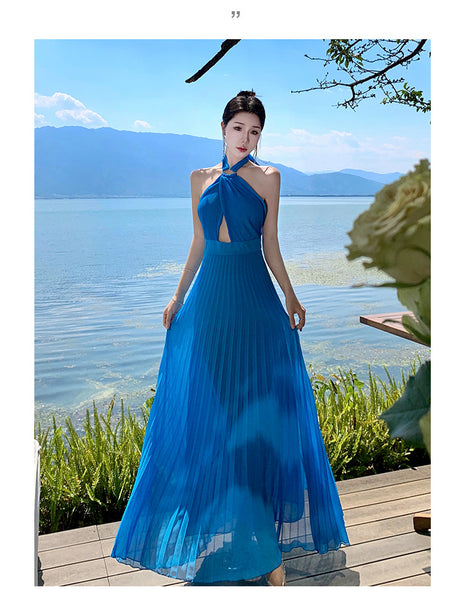 French Sexy Elegant Temperament Off Shoulder Backless Robe Halter Hollow Back Neck Pleated Dress Cutout Maxi Sundress