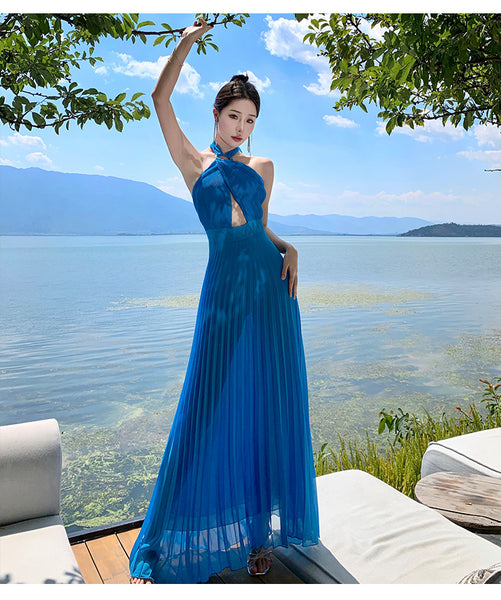 French Sexy Elegant Temperament Off Shoulder Backless Robe Halter Hollow Back Neck Pleated Dress Cutout Maxi Sundress