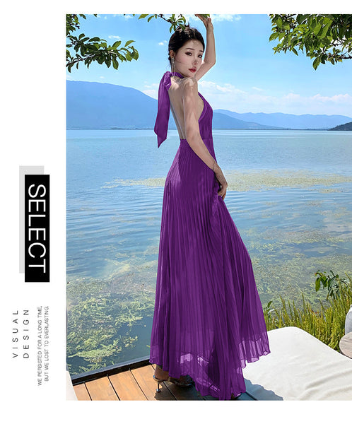 French Sexy Elegant Temperament Off Shoulder Backless Robe Halter Hollow Back Neck Pleated Dress Cutout Maxi Sundress