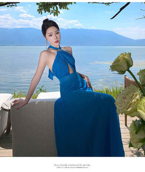 French Sexy Elegant Temperament Off Shoulder Backless Robe Halter Hollow Back Neck Pleated Dress Cutout Maxi Sundress