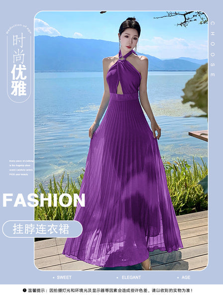 French Sexy Elegant Temperament Off Shoulder Backless Robe Halter Hollow Back Neck Pleated Dress Cutout Maxi Sundress