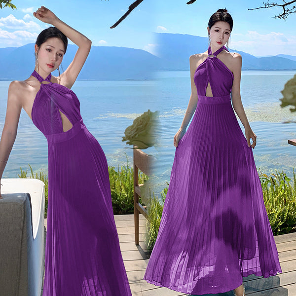 French Sexy Elegant Temperament Off Shoulder Backless Robe Halter Hollow Back Neck Pleated Dress Cutout Maxi Sundress