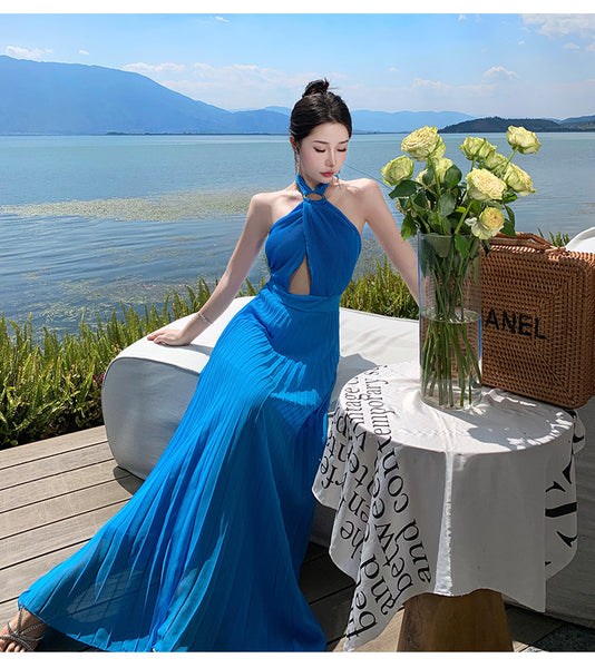 French Sexy Elegant Temperament Off Shoulder Backless Robe Halter Hollow Back Neck Pleated Dress Cutout Maxi Sundress