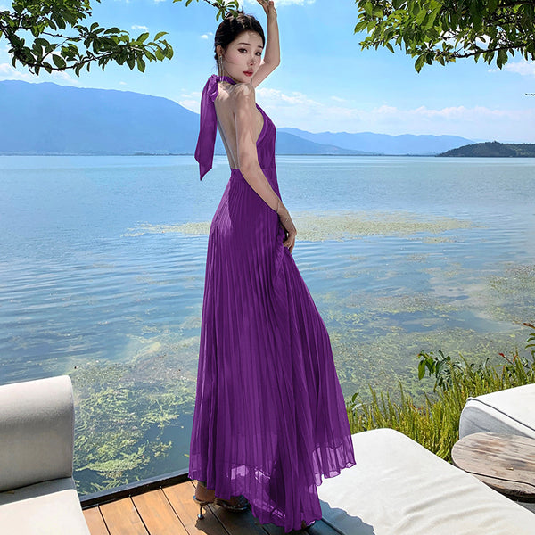 French Sexy Elegant Temperament Off Shoulder Backless Robe Halter Hollow Back Neck Pleated Dress Cutout Maxi Sundress