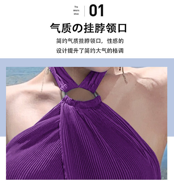 French Sexy Elegant Temperament Off Shoulder Backless Robe Halter Hollow Back Neck Pleated Dress Cutout Maxi Sundress