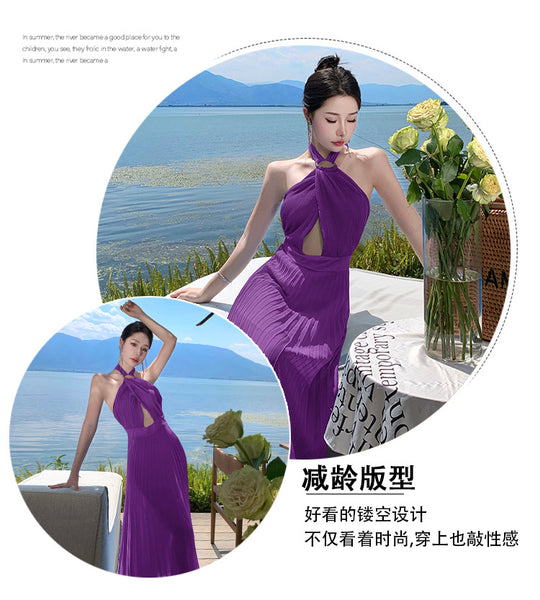 French Sexy Elegant Temperament Off Shoulder Backless Robe Halter Hollow Back Neck Pleated Dress Cutout Maxi Sundress
