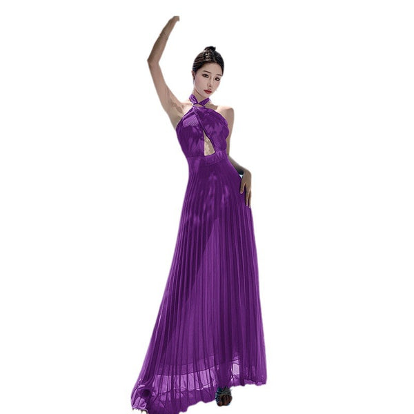 French Sexy Elegant Temperament Off Shoulder Backless Robe Halter Hollow Back Neck Pleated Dress Cutout Maxi Sundress