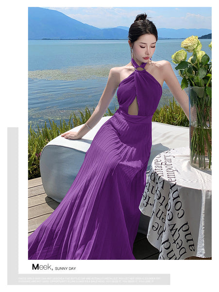 French Sexy Elegant Temperament Off Shoulder Backless Robe Halter Hollow Back Neck Pleated Dress Cutout Maxi Sundress