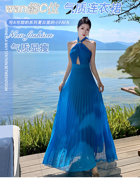 French Sexy Elegant Temperament Off Shoulder Backless Robe Halter Hollow Back Neck Pleated Dress Cutout Maxi Sundress