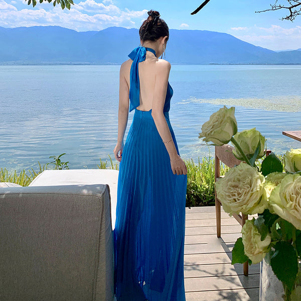 French Sexy Elegant Temperament Off Shoulder Backless Robe Halter Hollow Back Neck Pleated Dress Cutout Maxi Sundress