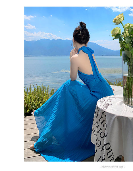 French Sexy Elegant Temperament Off Shoulder Backless Robe Halter Hollow Back Neck Pleated Dress Cutout Maxi Sundress