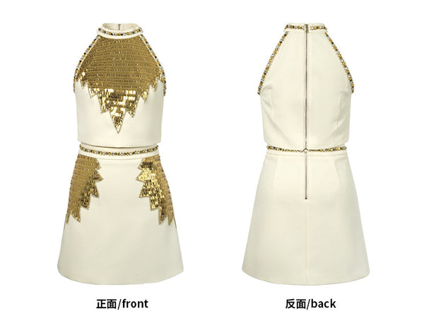 Trendy Fashion Two in One piece Suit Summer Women French Style Halter Neck Embellished Crop Sequin Beaded Top Hip Zipped Skirt Dress