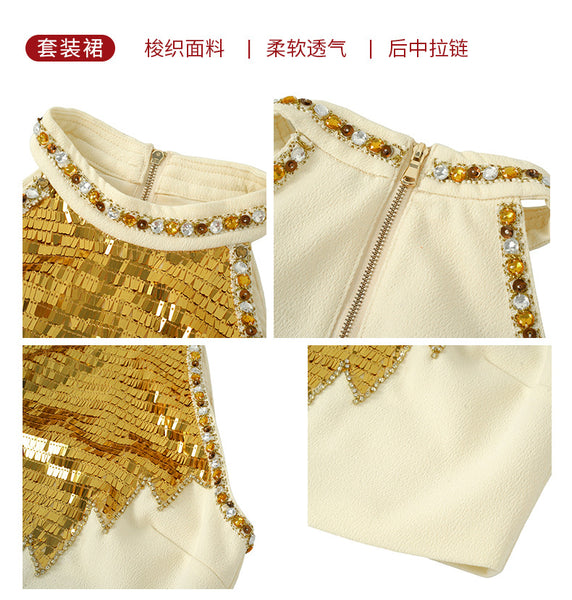 Trendy Fashion Two in One piece Suit Summer Women French Style Halter Neck Embellished Crop Sequin Beaded Top Hip Zipped Skirt Dress