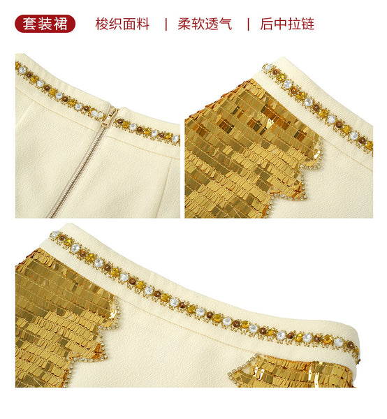 Trendy Fashion Two in One piece Suit Summer Women French Style Halter Neck Embellished Crop Sequin Beaded Top Hip Zipped Skirt Dress