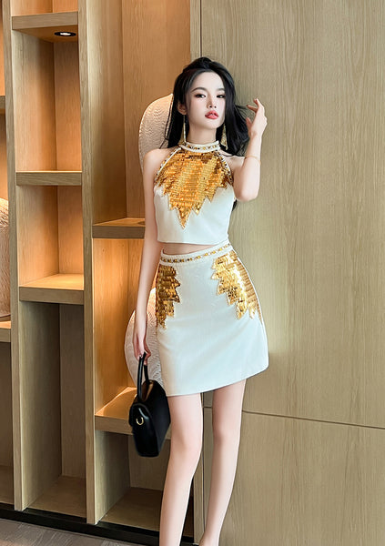 Trendy Fashion Two in One piece Suit Summer Women French Style Halter Neck Embellished Crop Sequin Beaded Top Hip Zipped Skirt Dress
