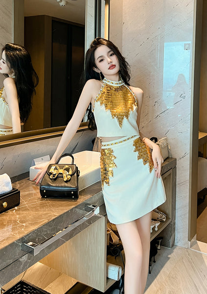 Trendy Fashion Two in One piece Suit Summer Women French Style Halter Neck Embellished Crop Sequin Beaded Top Hip Zipped Skirt Dress