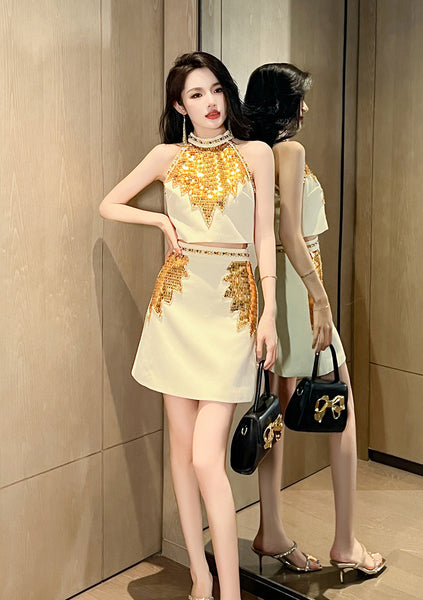 Trendy Fashion Two in One piece Suit Summer Women French Style Halter Neck Embellished Crop Sequin Beaded Top Hip Zipped Skirt Dress
