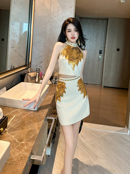 Trendy Fashion Two in One piece Suit Summer Women French Style Halter Neck Embellished Crop Sequin Beaded Top Hip Zipped Skirt Dress