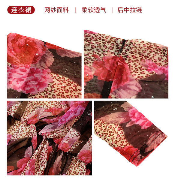 Elegant Retro Sexy Women Print Rose Floral Mesh Stretchy Rhinestone Folds Long Sleeve Gown Zipper Bodycon Dress