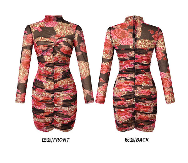 Elegant Retro Sexy Women Print Rose Floral Mesh Stretchy Rhinestone Folds Long Sleeve Gown Zipper Bodycon Dress