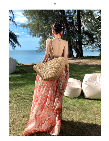 Summer Temperament Embroidered Red Floral Deep V Frill Halter Neck Backless Sleeveless A Line High Waist Holiday Boho Long Dress