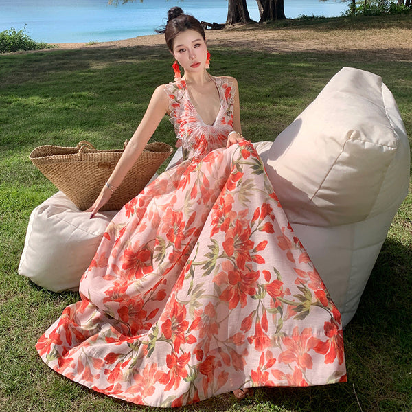 Summer Temperament Embroidered Red Floral Deep V Frill Halter Neck Backless Sleeveless A Line High Waist Holiday Boho Long Dress