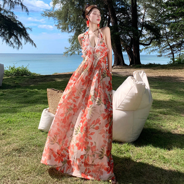 Summer Temperament Embroidered Red Floral Deep V Frill Halter Neck Backless Sleeveless A Line High Waist Holiday Boho Long Dress