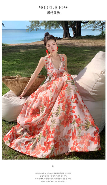 Summer Temperament Embroidered Red Floral Deep V Frill Halter Neck Backless Sleeveless A Line High Waist Holiday Boho Long Dress