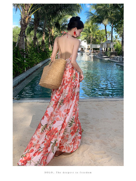 Summer Temperament Embroidered Red Floral Deep V Frill Halter Neck Backless Sleeveless A Line High Waist Holiday Boho Long Dress