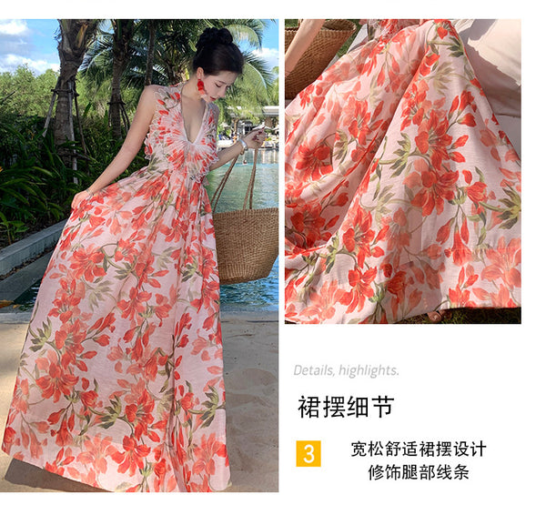 Summer Temperament Embroidered Red Floral Deep V Frill Halter Neck Backless Sleeveless A Line High Waist Holiday Boho Long Dress