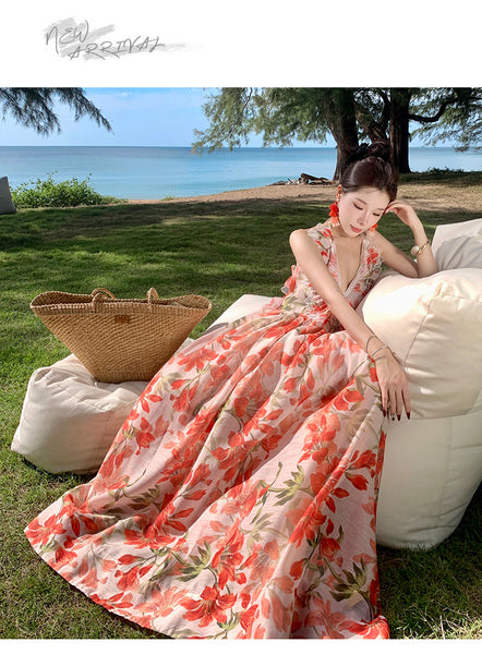 Summer Temperament Embroidered Red Floral Deep V Frill Halter Neck Backless Sleeveless A Line High Waist Holiday Boho Long Dress
