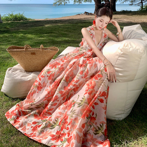 Summer Temperament Embroidered Red Floral Deep V Frill Halter Neck Backless Sleeveless A Line High Waist Holiday Boho Long Dress