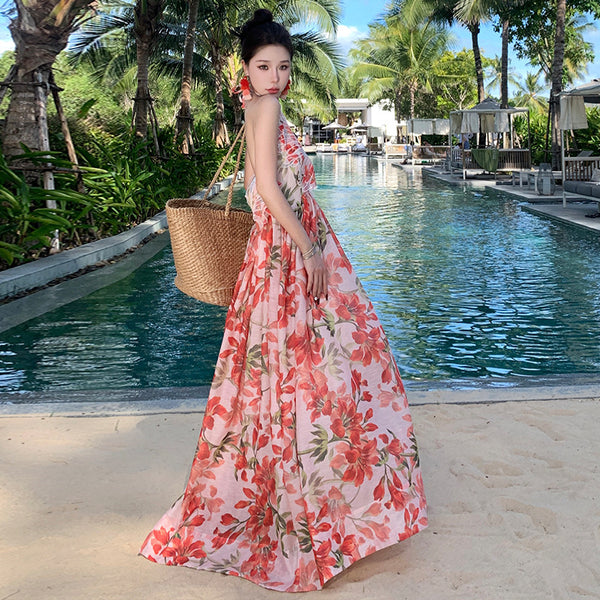 Summer Temperament Embroidered Red Floral Deep V Frill Halter Neck Backless Sleeveless A Line High Waist Holiday Boho Long Dress