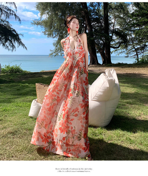 Summer Temperament Embroidered Red Floral Deep V Frill Halter Neck Backless Sleeveless A Line High Waist Holiday Boho Long Dress