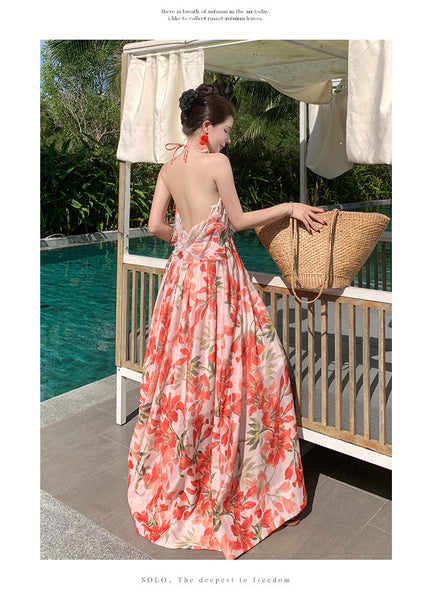 Summer Temperament Embroidered Red Floral Deep V Frill Halter Neck Backless Sleeveless A Line High Waist Holiday Boho Long Dress