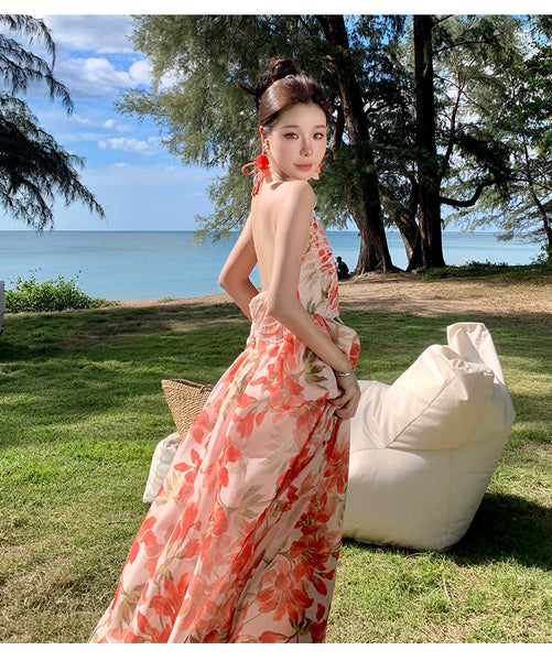 Summer Temperament Embroidered Red Floral Deep V Frill Halter Neck Backless Sleeveless A Line High Waist Holiday Boho Long Dress