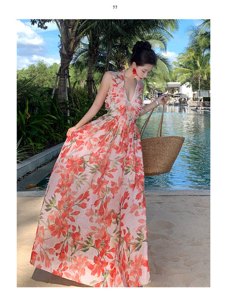 Summer Temperament Embroidered Red Floral Deep V Frill Halter Neck Backless Sleeveless A Line High Waist Holiday Boho Long Dress