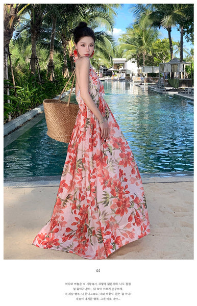 Summer Temperament Embroidered Red Floral Deep V Frill Halter Neck Backless Sleeveless A Line High Waist Holiday Boho Long Dress